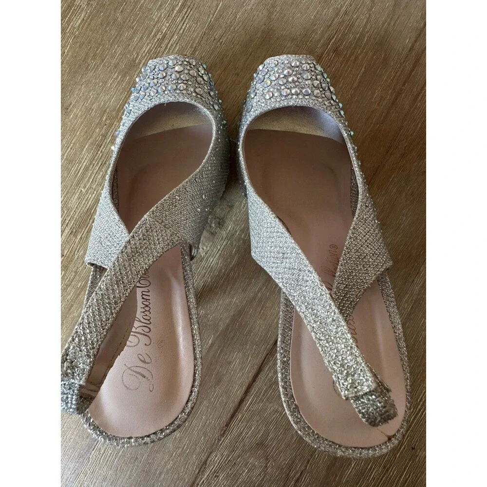 De Blossom Nelson-34 Silver Sparkle Platform Heels Size 7 Peep Toe Slingback - Picture 2 of 9